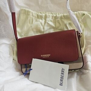 Burberry Red Leather and Classic Check Crossbody with Gold Logo